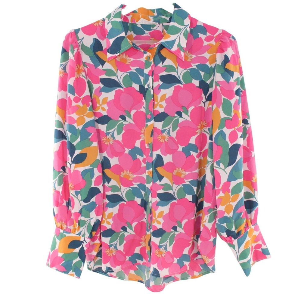 First Love by Lovelyn Floral Button Down Blouse Size M Pink Multi IT287